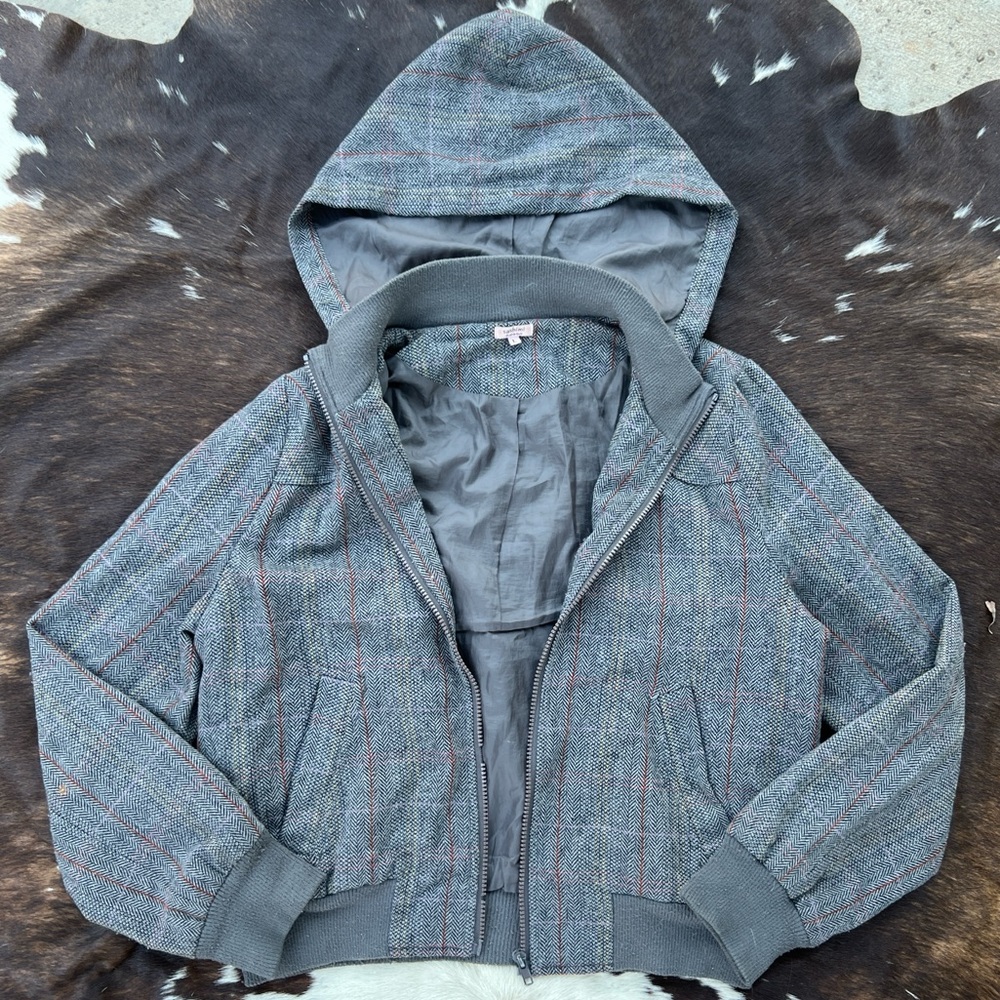 2000s vintage sashimi grey multicolor plaid hooded zip-up jacket
